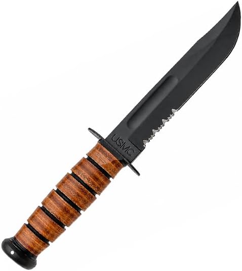 KA-BAR 1218 USMC Full-Size Fighting Knife – 7' Serrated Blade with Leather Sheath