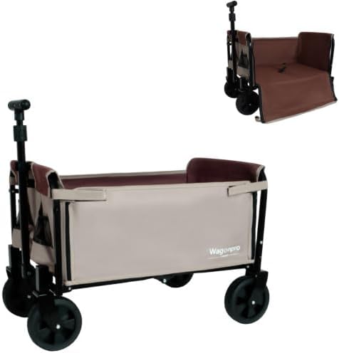 All-in-One Convertible Folding Camping Wagon Cart: Bench Seat, Storage Compartment & Included Dog Tether, Beige/Brown for Camping, Beach, Sports & Garden Use