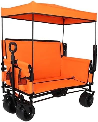 Heavy-Duty Folding Wagon Cart with Adjustable Canopy & Bench Seat - 500lbs Capacity, All-Terrain Utility Cart for Camping, Beach, Sports, Gardening, Outdoor Storage