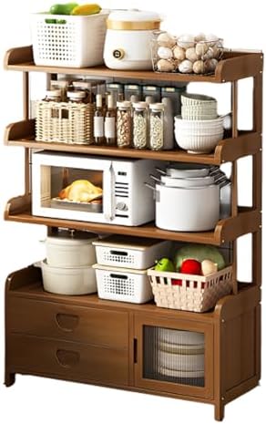 Bakers Rack Microwave Stand - Multi-Layer Storage with Magnetic Door, Double Drawer Design, 150 Catty Load Capacity, Ideal for Kitchen and Living Room