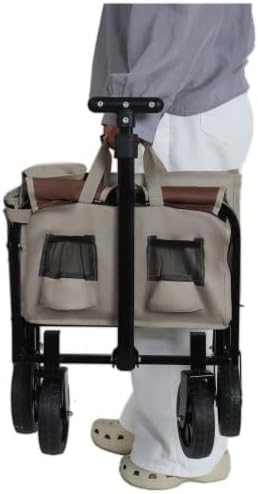 All-in-One Convertible Folding Camping Wagon Cart: Bench Seat, Storage Compartment & Included Dog Tether, Beige/Brown for Camping, Beach, Sports & Garden Use