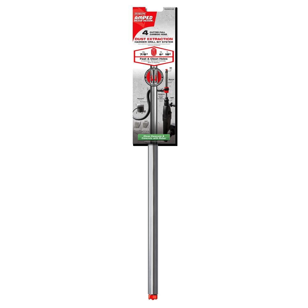Diablo Amped Rebar Demon SDS-Max 4-Cutter Full Carbide Head Dust Extraction Hammer Drill Bit - 7/8' Diameter, 18' Length, 8' Working Length - DMAMXA1650