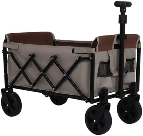 All-in-One Convertible Folding Camping Wagon Cart: Bench Seat, Storage Compartment & Included Dog Tether, Beige/Brown for Camping, Beach, Sports & Garden Use