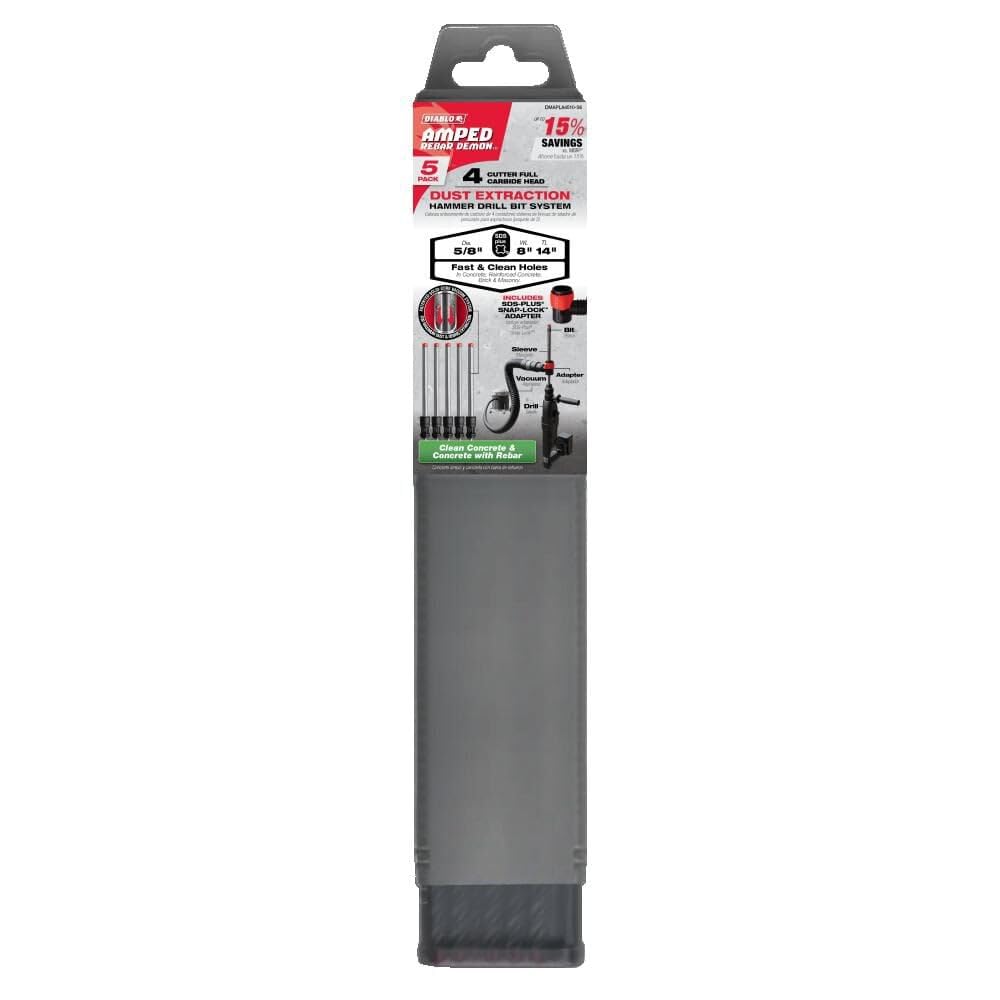 Diablo Amped Rebar Demon SDS-Plus 4-Cutter Full Carbide Head Dust Extraction Hammer Drill Bit - 5/8' Diameter, 14' Length, 8' Working Length, 5-Pack - DMAPLA4510-S6