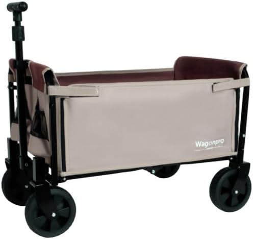 All-in-One Convertible Folding Camping Wagon Cart: Bench Seat, Storage Compartment & Included Dog Tether, Beige/Brown for Camping, Beach, Sports & Garden Use