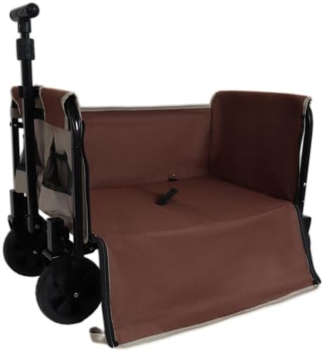 All-in-One Convertible Folding Camping Wagon Cart: Bench Seat, Storage Compartment & Included Dog Tether, Beige/Brown for Camping, Beach, Sports & Garden Use
