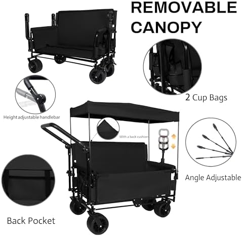 Heavy-Duty Folding Wagon Cart with Adjustable Canopy & Bench Seat - 500lbs Capacity All-Terrain Utility Cart for Camping, Beach, Sports, Garden & Outdoor Storage