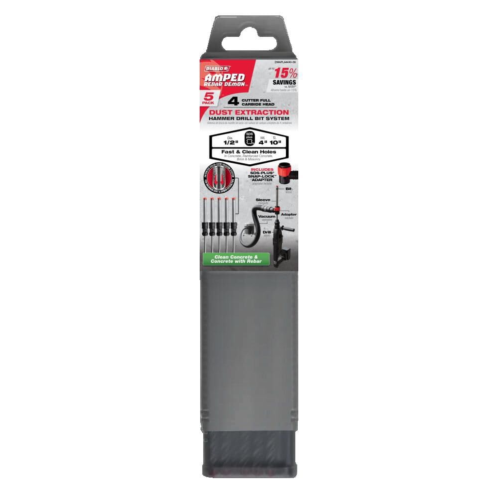 Diablo Amped Rebar Demon SDS-Plus 4-Cutter Full Carbide Head Dust Extraction Hammer Drill Bit - 1/2' Diameter, 10' Length, 4' Working Length, 5-Pack - DMAPLA4440-S6