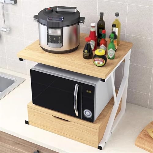 Multi-Purpose Microwave Stand with Drawer, Bakers Rack & Storage Shelf for Home Office - Natural Wood Finish, Ideal Printer & Kitchen Organizer