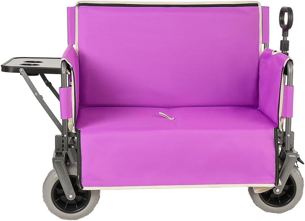 Heavy-Duty Folding Wagon with Bench Seat and Rear Folding Tabletop – 500-Pound Capacity, All-Terrain Beach Wheels for Outdoor Use (Purple + Steel)