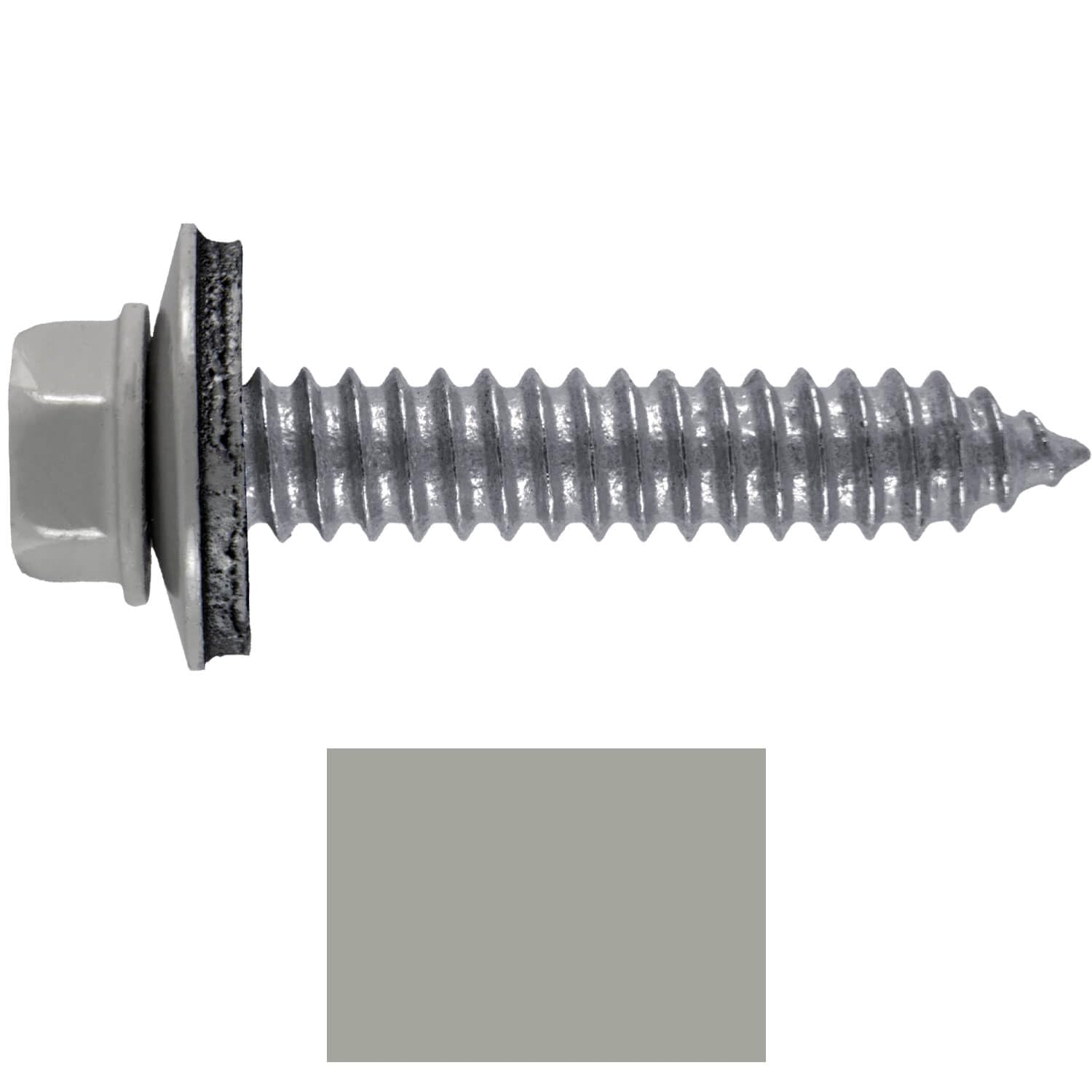 17 x 1-1/2' ABC Gray Metal Roofing Screws - Metal Panel to Metal Purlins and Recovery Screws - Hex Washer Head - EPDM Washer. 1 x 250 Count Bag - 250 Screws