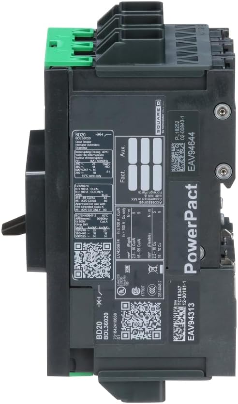 Square D by Schneider Electric BDL36020 PowerPacT B Circuit Breaker with Thermal-Magnetic Trip Unit Technology and Back Pan or DIN Rail Mounting, 20 Amp, 3 Pole