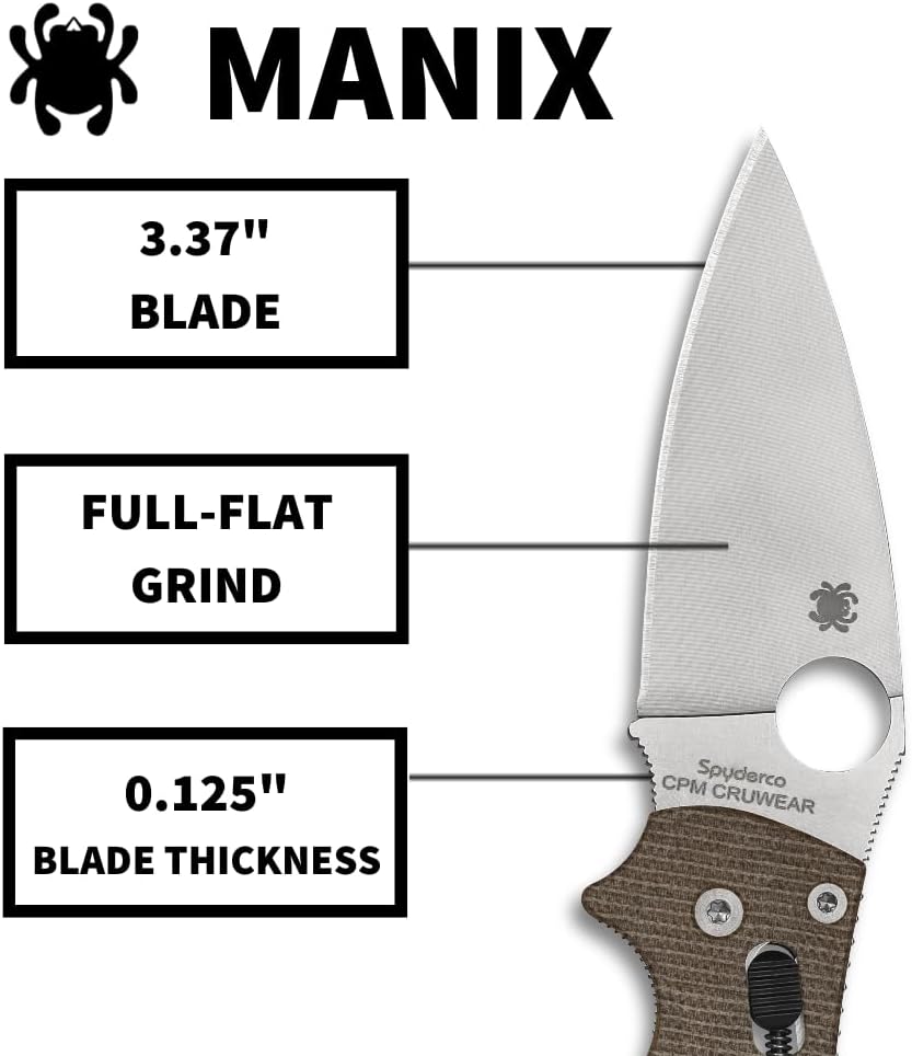 Spyderco Manix 2 Folding Pocket Knife with 3.3' CPM Cru-Wear Steel Blade and Micarta Handle - EDC Knife for Men and Women, Perfect for Hunting, Tactical, Camping, Survival - PlainEdge - C101MPCW2