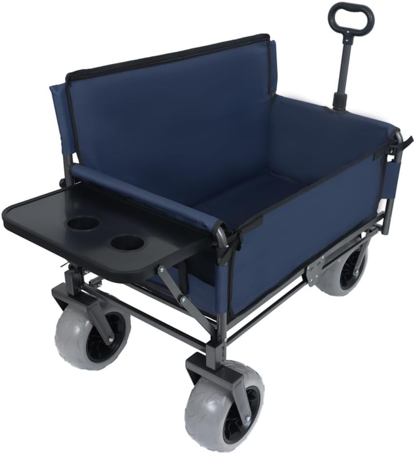 Heavy-Duty Folding Wagon with Bench Seat and Rear Folding Tabletop – 500-Pound Capacity, All-Terrain Beach Wheels for Outdoor Use (Dark Blue + Steel)
