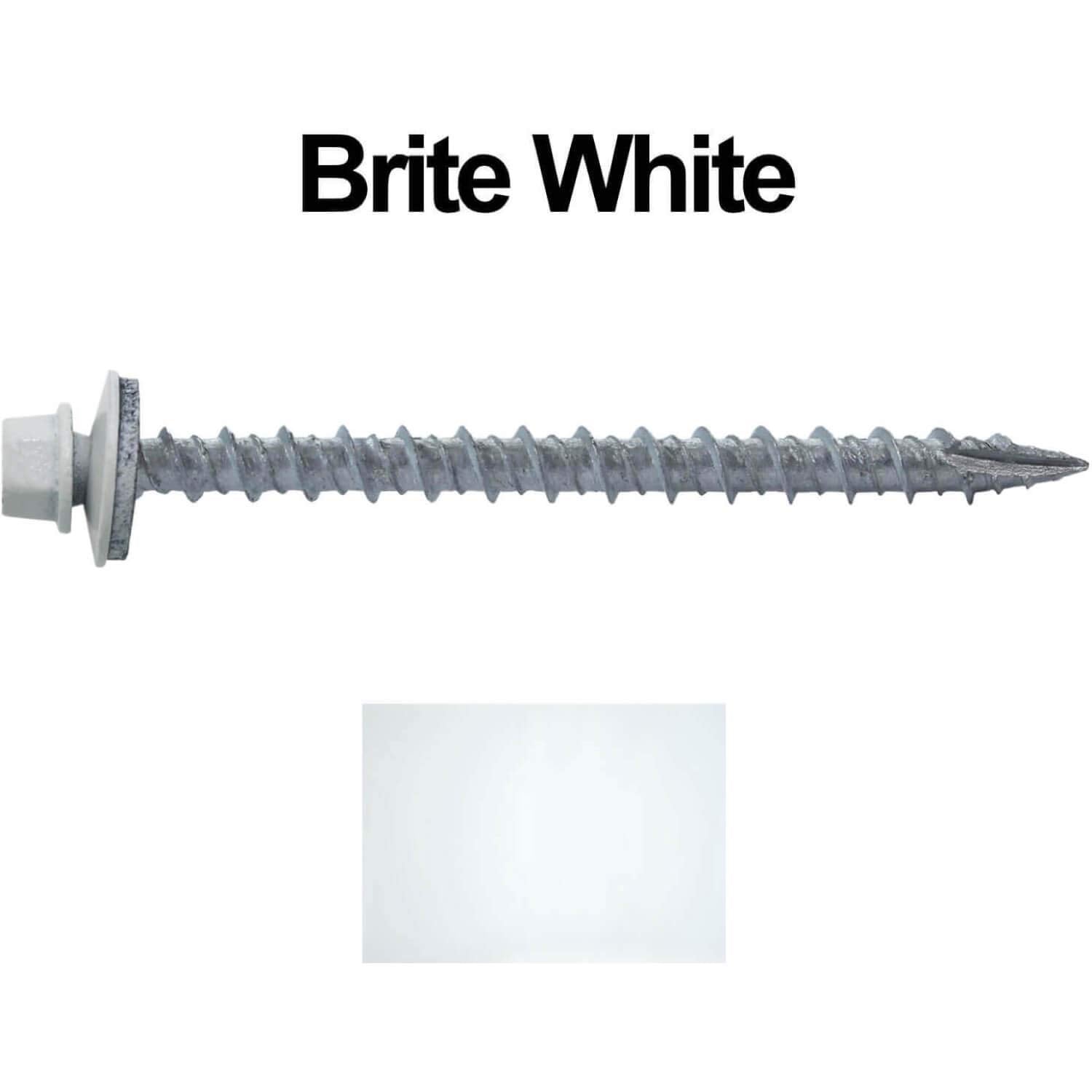 10 x 2-1/2' Brite White Metal Roofing Screws - Hex Washer Head- Self-Starting/Tapping - EPDM Washer. 4 X 250 Bags - 1,000 Screws