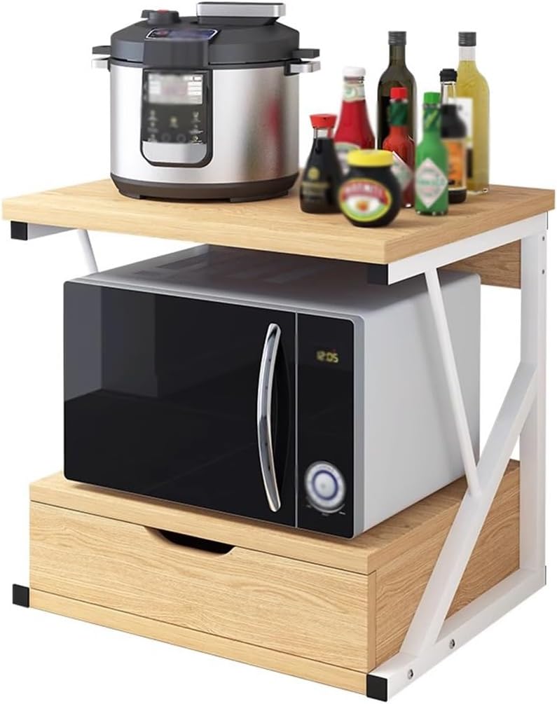 Microwave Shelf,Countertop 2 Tier Wooden Microwave Stand Shelf with Drawer Kitchen Storage Shelf Organizer Rack Home Office Storage Stand Rack for Printer and Microwave(Wood)