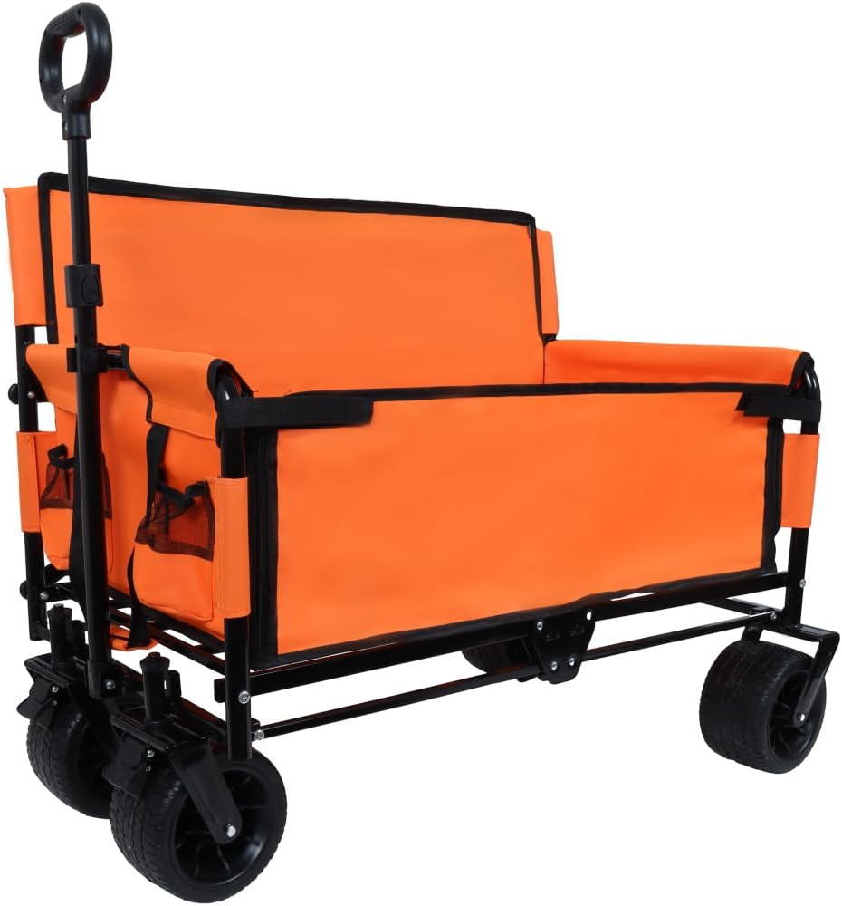 Heavy-Duty Folding Utility Wagon with All-Terrain Wheels and Convertible Seat – 500 lb Capacity, 180L Cargo Space for Outdoor Activities (Orange + Steel)