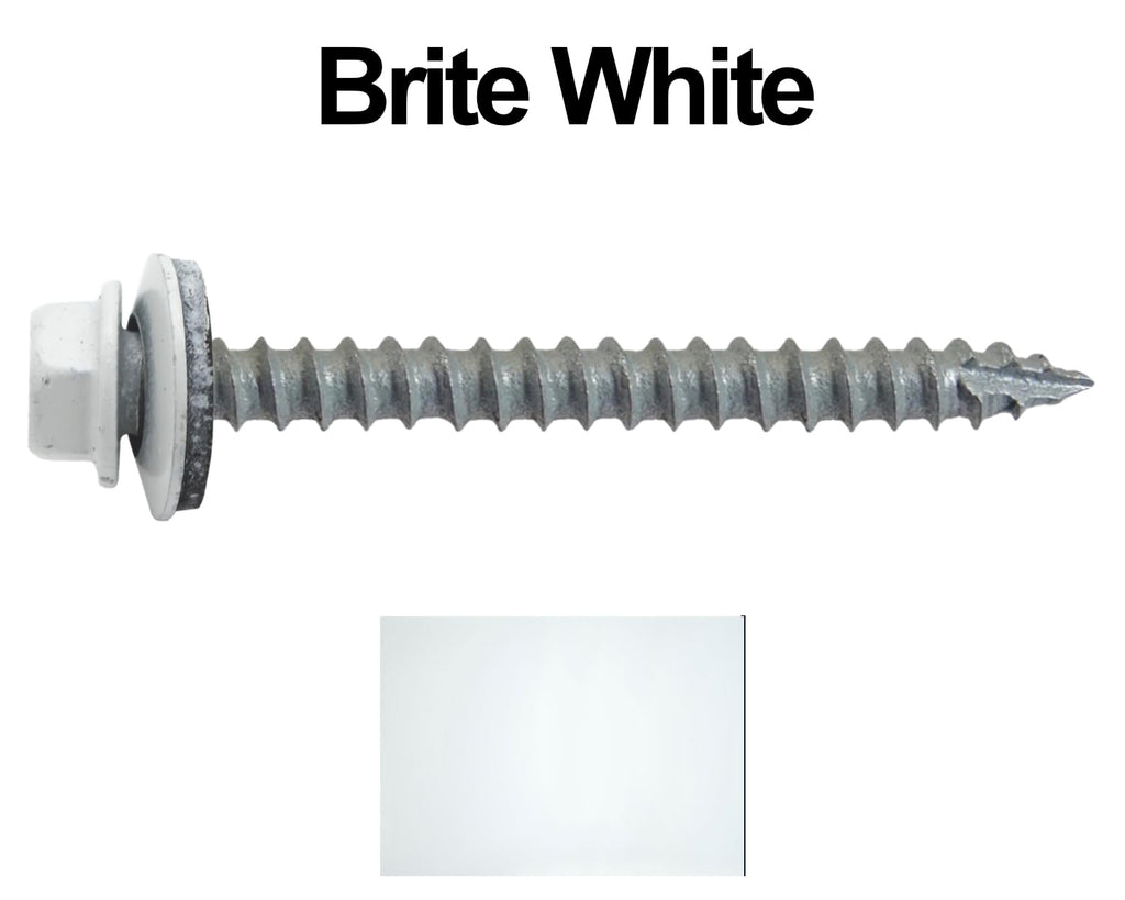 14 x 2-1/2' Brite White Metal Roofing Screws - Hex Washer Head- Self-Starting/Tapping - EPDM Washer. 3 X 250 Bags - 750 Screws