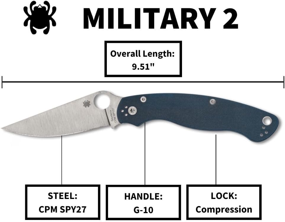 Spyderco Military 2 Folding Pocket Knife with 4' CPM SPY27 Steel Blade and G-10 Handle - EDC Knife for Men and Women, Perfect for Hunting, Tactical, Camping, Survival, Hiking - PlainEdge - C36GPCBL2
