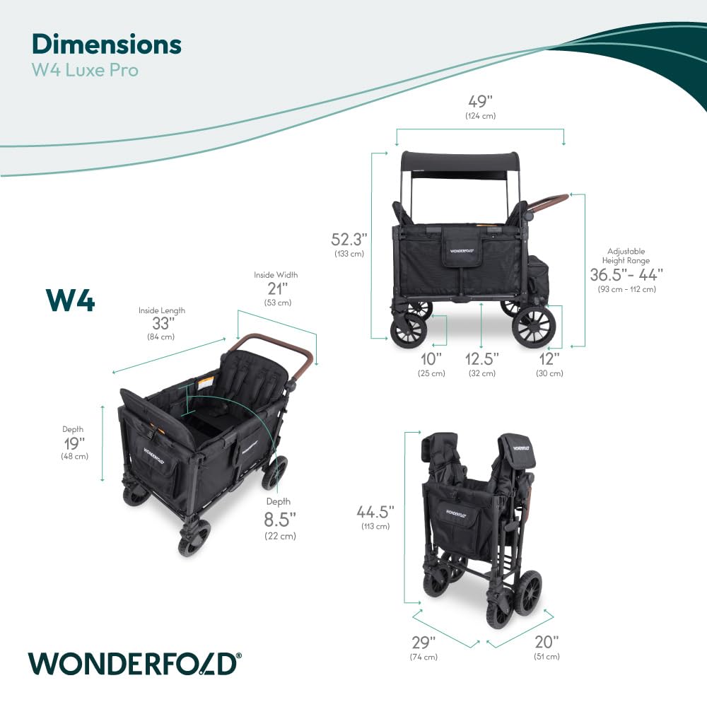 WonderFold W4 Luxe Pro Stroller Wagon - Collapsible Stroller Wagon with Aluminum Frame - Adjustable Canopy & Push Handle - XL All-Terrain Wheels - For Babies, Toddlers & Kids - 4 Seater - Black