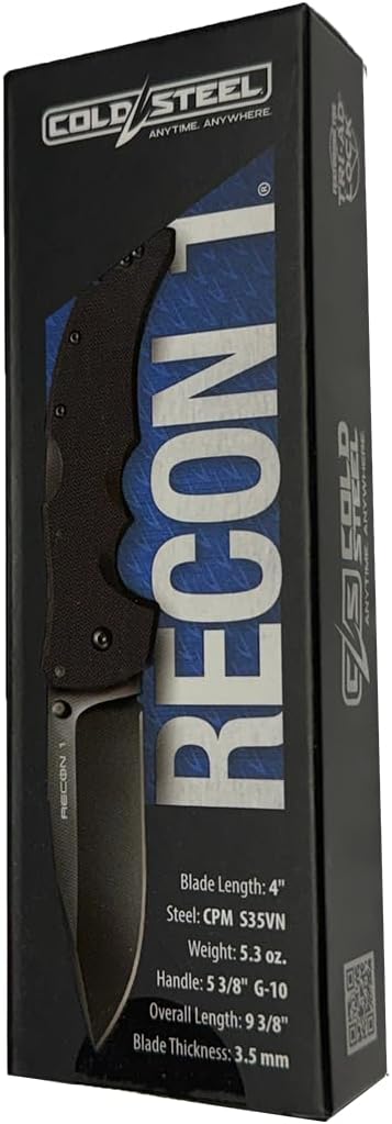 COLD STEEL Recon 1 4' S35VN Razor-Sharp Blade 5.375' G-10 Handle Tactical Folding Knife w/Tri-Ad Lock, Ambidextrous Pocket/Belt Clip