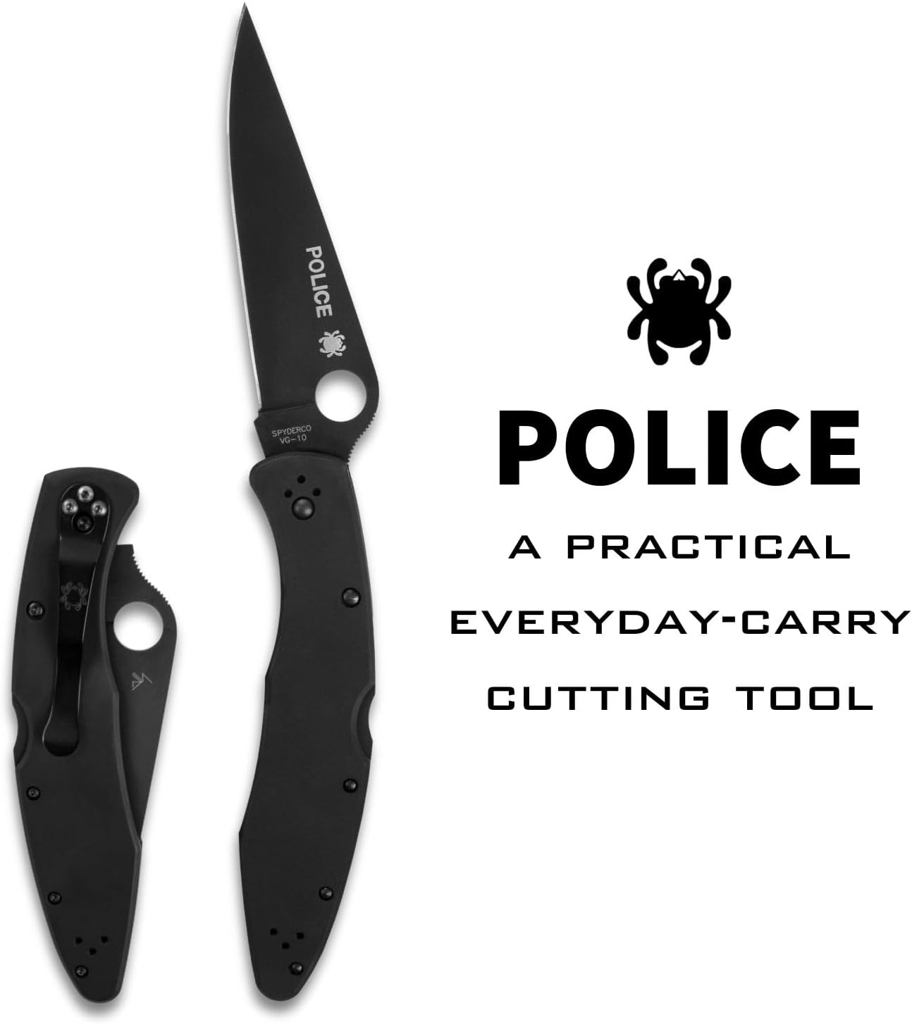Spyderco Police Model Folding Pocket Knife with 4.2' VG-10 Steel Blade and TiCN Stainless Steel Handle - EDC Knife for Men and Women, Perfect for Hunting, Tactical, Camping - PlainEdge - C07BKP