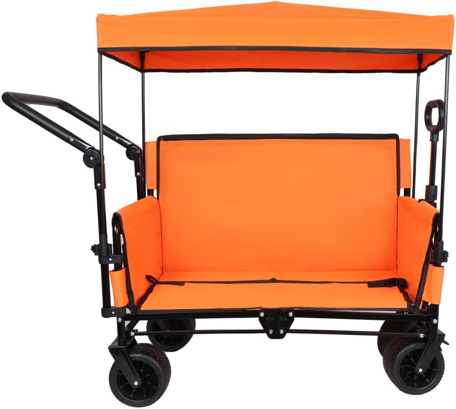 Heavy-Duty Folding Wagon Cart with Canopy, Bench Seat & Storage Compartment for Outdoor Activities, Beach Trips, Camping, Sports Events and Garden Use (Orange + Steel)