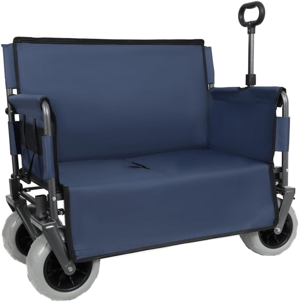 Heavy-Duty Foldable Utility Wagon with All-Terrain Wheels, Bench Seat & Large Storage Capacity for Outdoor Activities, Garden, Beach and Sports (Dark Blue + Steel)
