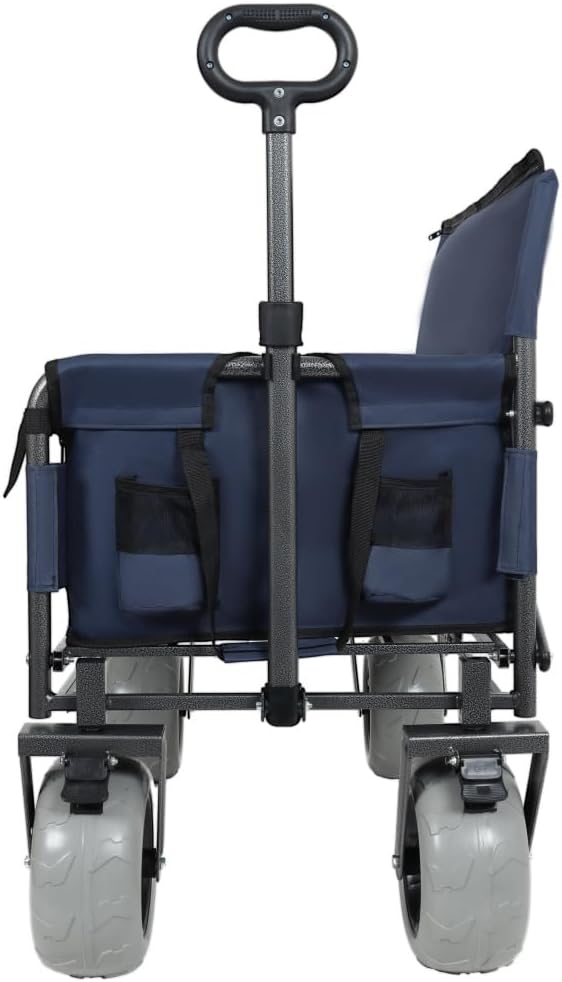 Heavy-Duty Foldable Utility Wagon with All-Terrain Wheels, Bench Seat & Large Storage Capacity for Outdoor Activities, Garden, Beach and Sports (Dark Blue + Steel)