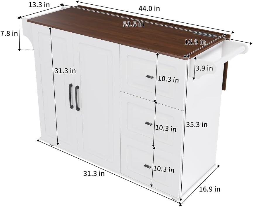 Space-Saving Drop-Leaf Kitchen Island Cart – Foldable Tabletop, 3 Drawers & Adjustable Shelves | Mobile Breakfast Bar with Locking Casters – Works as Baker's Rack, Microwave Stand or Workstation