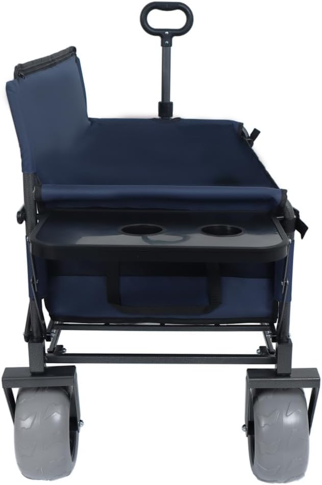 Heavy-Duty Folding Wagon with Bench Seat and Rear Folding Tabletop – 500-Pound Capacity, All-Terrain Beach Wheels for Outdoor Use (Dark Blue + Steel)