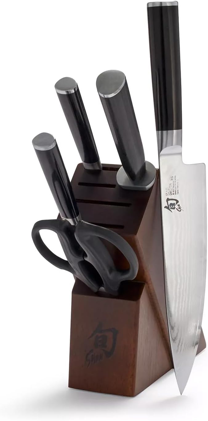 Shun Classic 6 Piece Block Set, Includes 8' Chef's, 4' Paring, 6' Serrated Utility Knife & Herb Shears, Handcrafted Japanese Knife Block Set, Damascus Stainless Steel Cladding, Pakkawood Handle