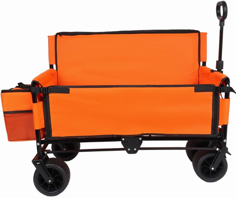 3-in-1 Folding Wagon Cart with Bench Seat and Storage, Heavy-Duty All-Terrain Utility Cart with Removable Cooler Pouch, 500lbs Capacity for Camping, Beach, Sports, and Garden (Orange + Steel)