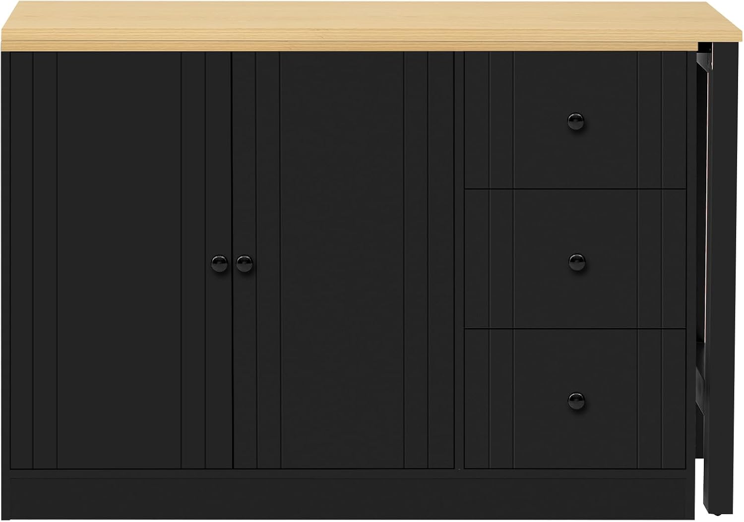 90' Extendable Freestanding Storage Cabinet, Kitchen Storage Bakers Rack with Silent Slides, Utility Food Cupboard with Adjustable Shelf for Kitchen Living Room, Black+Natural