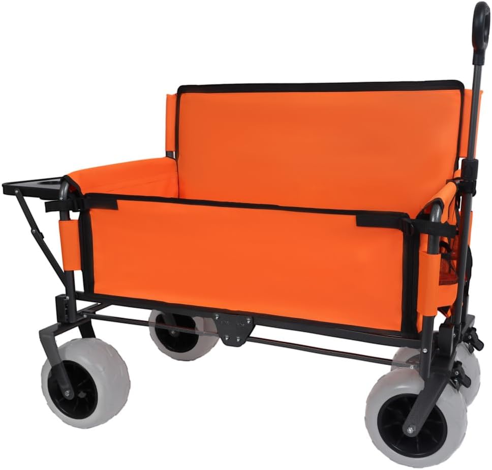 Heavy-Duty Folding Wagon with Bench Seat and Rear Folding Tabletop – 500-Pound Capacity, All-Terrain Beach Wheels for Outdoor Use (Orange + Steel)