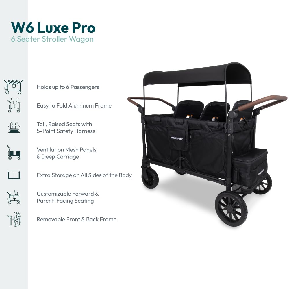 WonderFold W6 Luxe Pro Stroller Wagon - Collapsible Stroller Wagon with Aluminum Frame - Adjustable Canopy & Push Handle - XL All-Terrain Wheels - for Babies, Toddlers & Kids - 6 Seater - Black