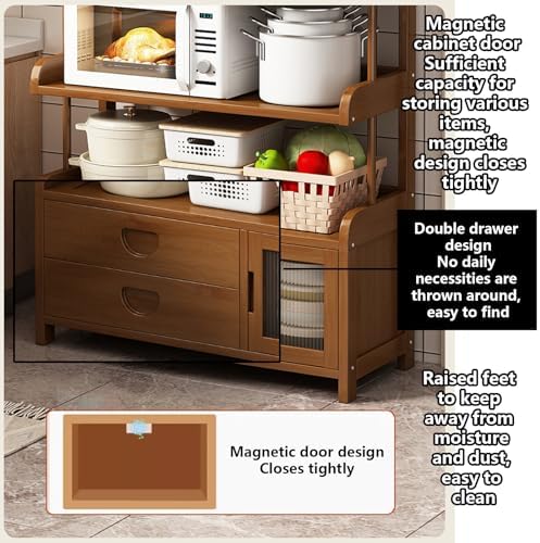 Bakers Rack Microwave Stand - Multi-Layer Storage with Magnetic Door, Double Drawer Design, 150 Catty Load Capacity, Ideal for Kitchen and Living Room