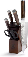 Shun Premier 6 Piece Block Set, Includes 8' Chef's, 4' Paring, 6.5' Serrated Utility Knife & Shears, Handcrafted Japanese Knife Set, Damascus Stainless Steel Cladding, Pakkawood Handle