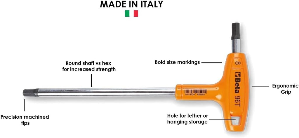 Beta 96T SAE (Inch) T-Handle Hex Key Wrench 8-Piece Set | High Torque Ergonomic Allen Wrench |Dual Hex Tips | Drop Prevention Hole | Industrial Strength | Made in Italy | 3/32-3/8'