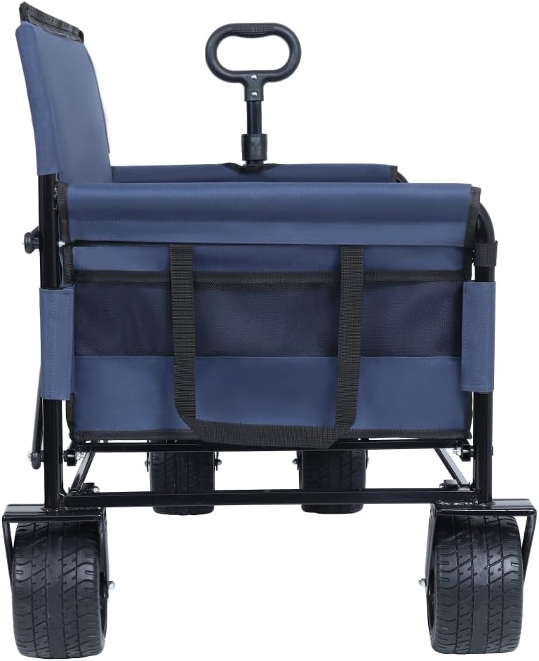 Heavy-Duty Folding Utility Wagon with All-Terrain Wheels and Convertible Seat – 500 lb Capacity, 180L Cargo Space for Outdoor Activities (Dark Blue + Steel)