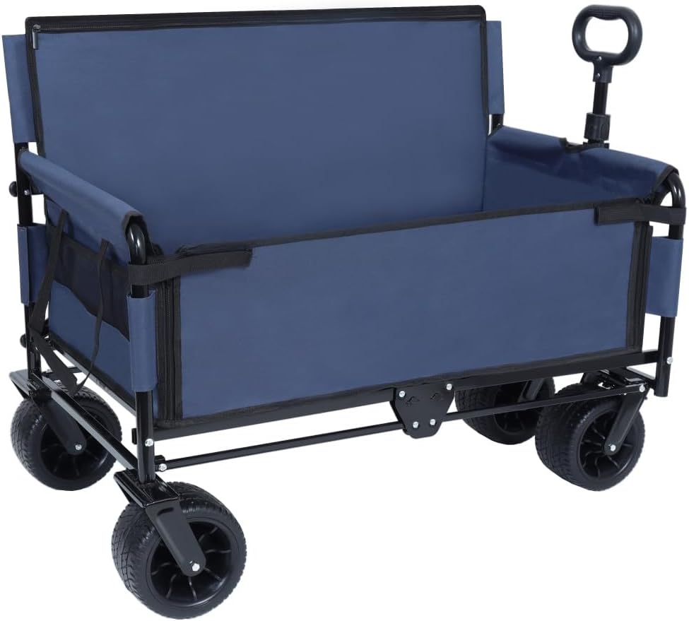 Heavy-Duty Folding Utility Wagon with All-Terrain Wheels and Convertible Seat – 500 lb Capacity, 180L Cargo Space for Outdoor Activities (Dark Blue + Steel)