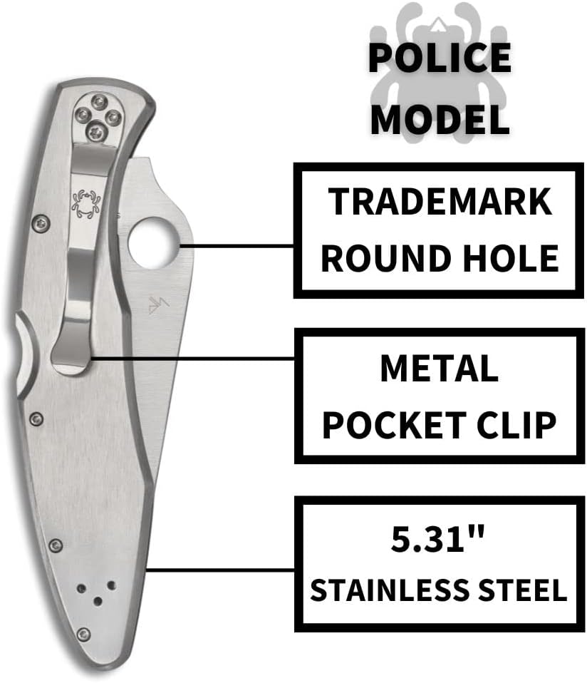 Spyderco Police Model Folding Pocket Knife with 4.2' VG-10 Steel Blade and Stainless Steel Handle - EDC Knife for Men and Women, Perfect for Hunting, Tactical, Camping - CombinationEdge - C07PS