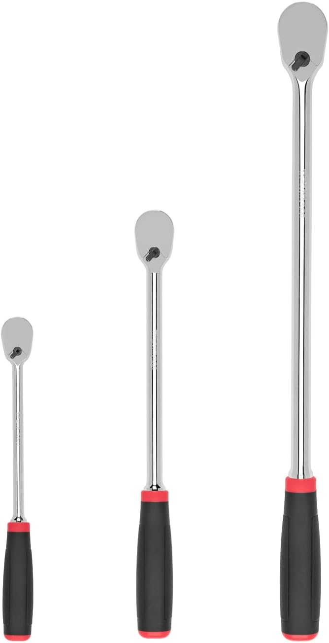 TEKTON 1/4, 3/8, 1/2 Inch Drive Non-Quick-Release Comfort Grip Long Ratchet Set, 3-Piece (9, 12, 18 in.) | SRH99004