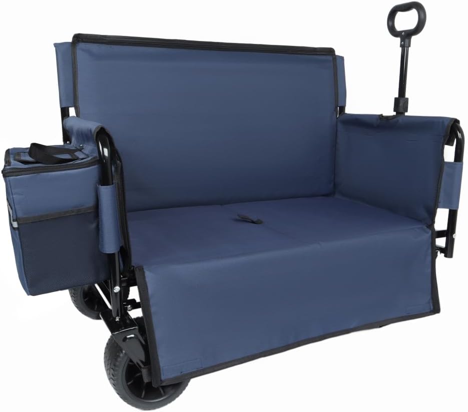 3-in-1 Folding Wagon Cart with Bench Seat and Storage, Heavy-Duty All-Terrain Utility Cart with Removable Cooler Pouch, 500lbs Capacity for Camping, Beach, Sports, and Garden (Dark Blue + Steel)