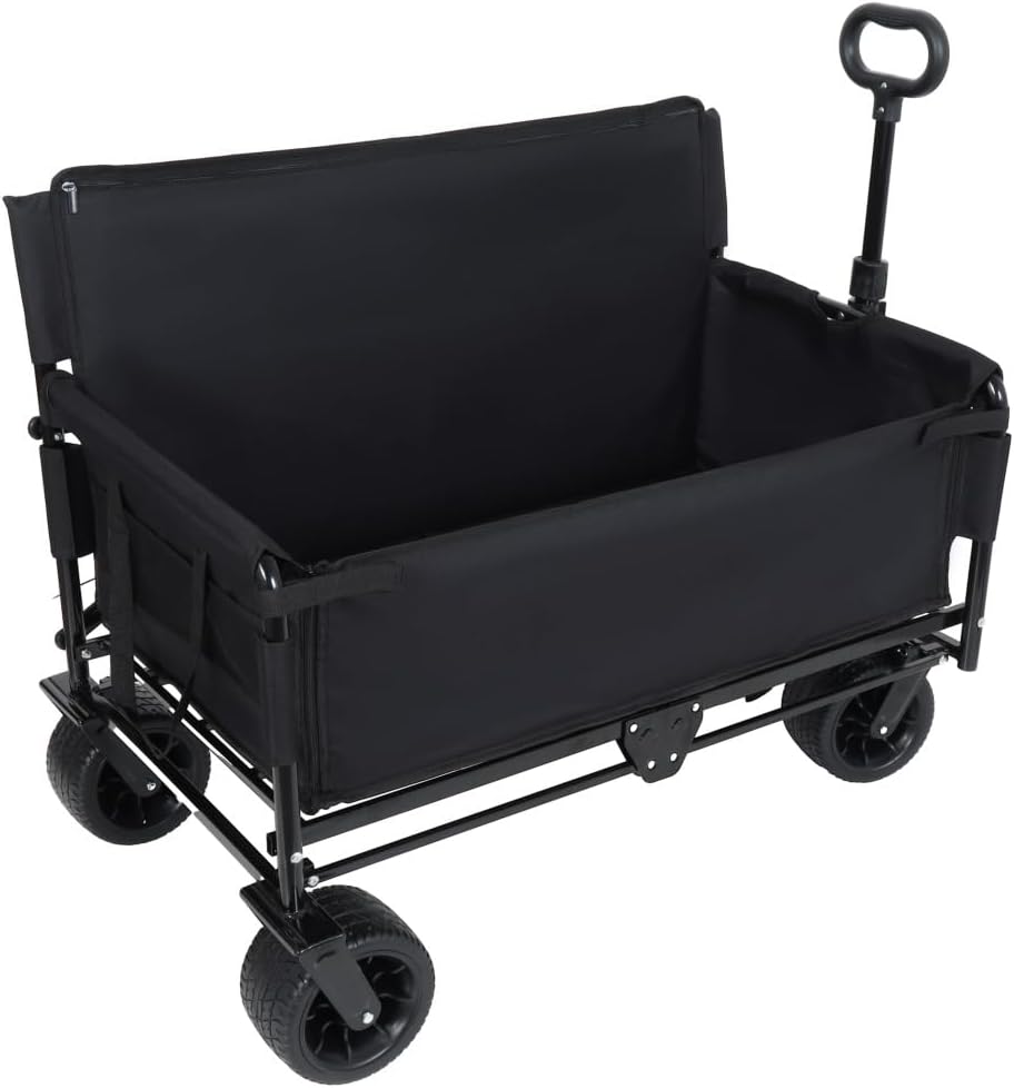 Heavy-Duty Folding Utility Wagon with All-Terrain Wheels and Convertible Seat – 500 lb Capacity, 180L Cargo Space for Outdoor Activities (Black + Steel)