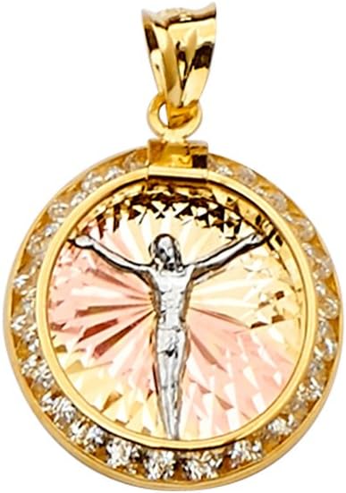 TGDJ 14K Tri Color Gold Jesus Medal Pendant - Crucifix Charm Polish Finish - Handmade Spiritual Symbol - Gold Stamped Fine Jewelry - Great Gift for Men & Women for Occasions, 23 x 15 mm, 1.1 gms
