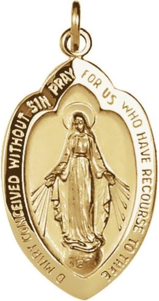 14K Yellow Gold Oval Miraculous Medal Pendant 20x13 mm