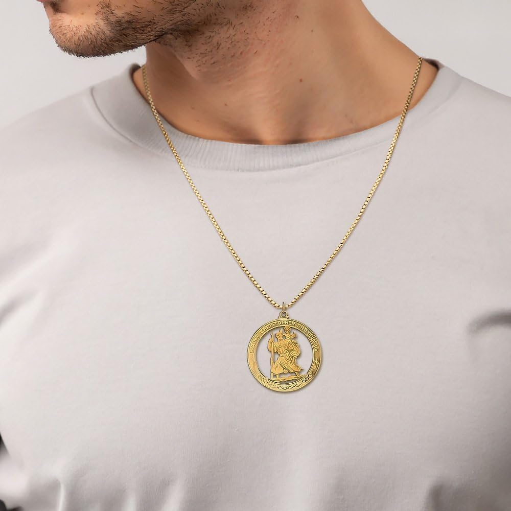 IceCarats 14K Solid Yellow Gold Extra Large Saint Christopher Medal Pendant Necklace 44.75mm 1 3/4 inch Polished, Satin For Her For Him