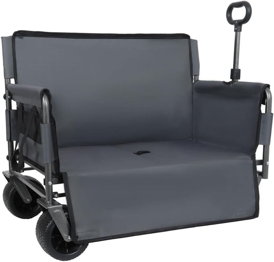 Heavy-Duty Folding Utility Wagon with All-Terrain Wheels and Convertible Seat – 500 lb Capacity, 180L Cargo Space for Outdoor Activities (Gray + Steel)