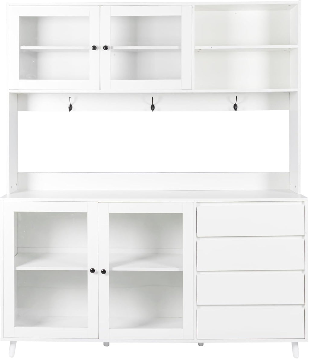 63' Kitchen Pantry Cabinet with Doors and Shelves, Bakers Rack Coffee Station with 4 Drawers and Hooks, Freestanding Storage for Kitchen Garage Office, White